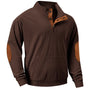 Brauner Herrenpullover mit Knopfleiste und Wildlederbesatz, modisch und bequem.
