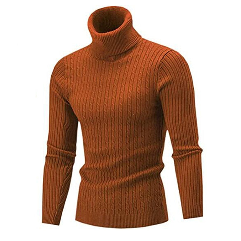 Brauner Rollkragenpullover aus Strick, Herrenmode, warm, elegant, Winterkleidung, modisch.