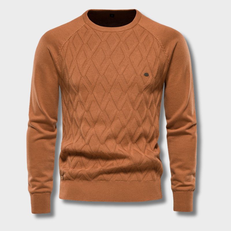 Brauner Herrenpullover aus Baumwolle mit Rautenmuster, Rundhalsausschnitt, elegantes Design.