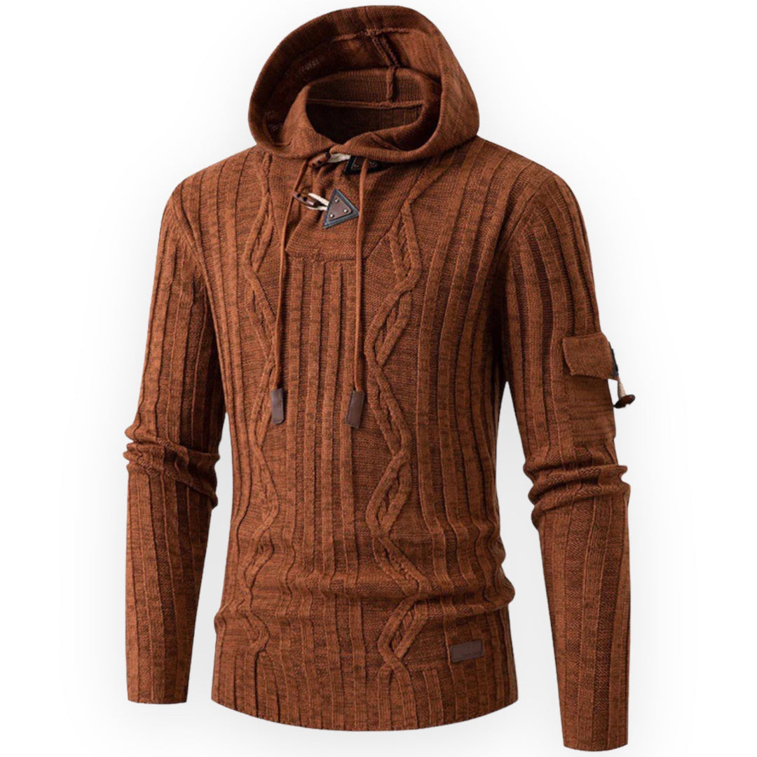 Brauner Strickpullover mit Kapuze, Zopfmuster, Herrenmode, Herbst-Winter, Baumwolle.