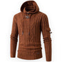 Brauner Strickpullover mit Kapuze, Zopfmuster, Herrenmode, Herbst-Winter, Baumwolle.