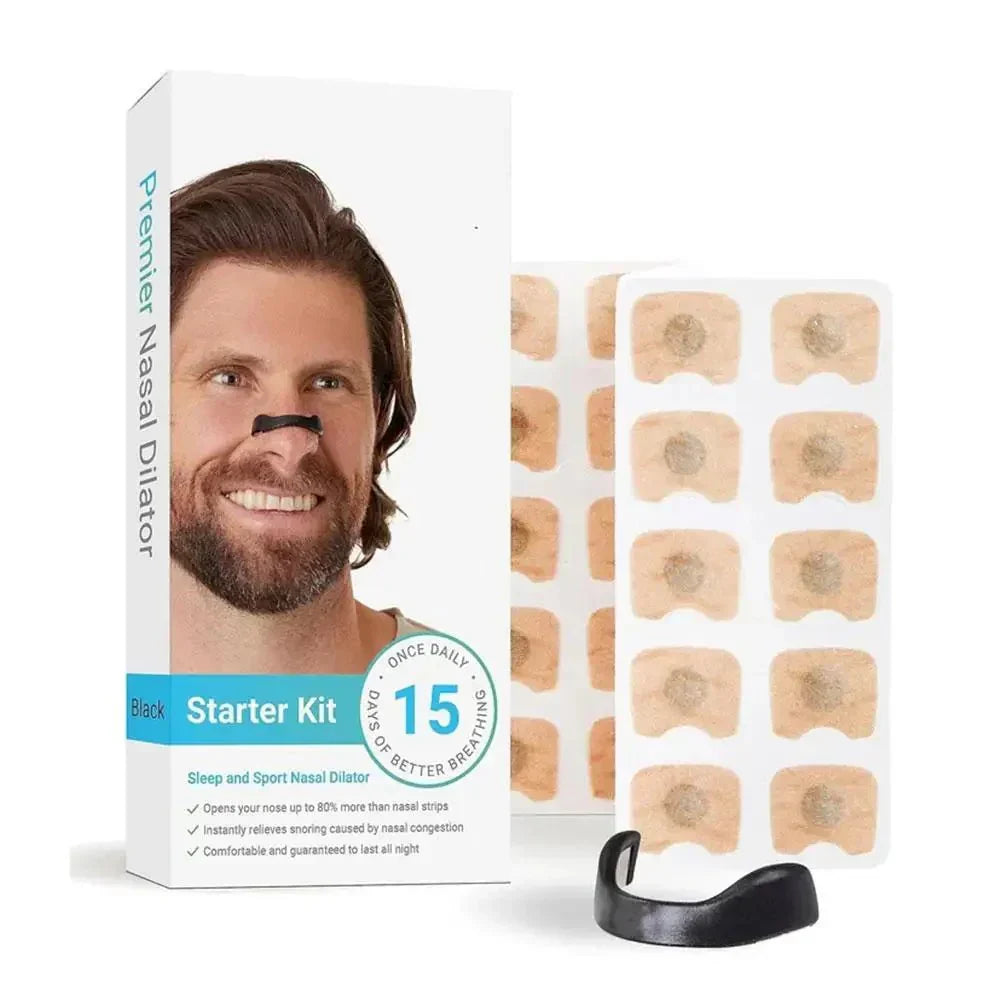 Schwarze magnetische Nasenstrips Starter Kit zur Verbesserung der Atmung beim Schlafen und Sport.