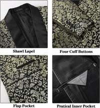 Schwarzes Sakko mit goldenen floralen Mustern, Schalkragen, Manschettenknöpfen, Taschen.