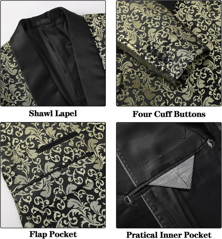 Schwarzes Sakko mit goldenen floralen Mustern, Schalkragen, Manschettenknöpfen, Taschen.