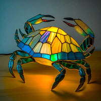 Bunte Tiffany-Krabbenlampe, Glas, Tischleuchte, Meeresdekor, handgefertigt, blau-gelb.