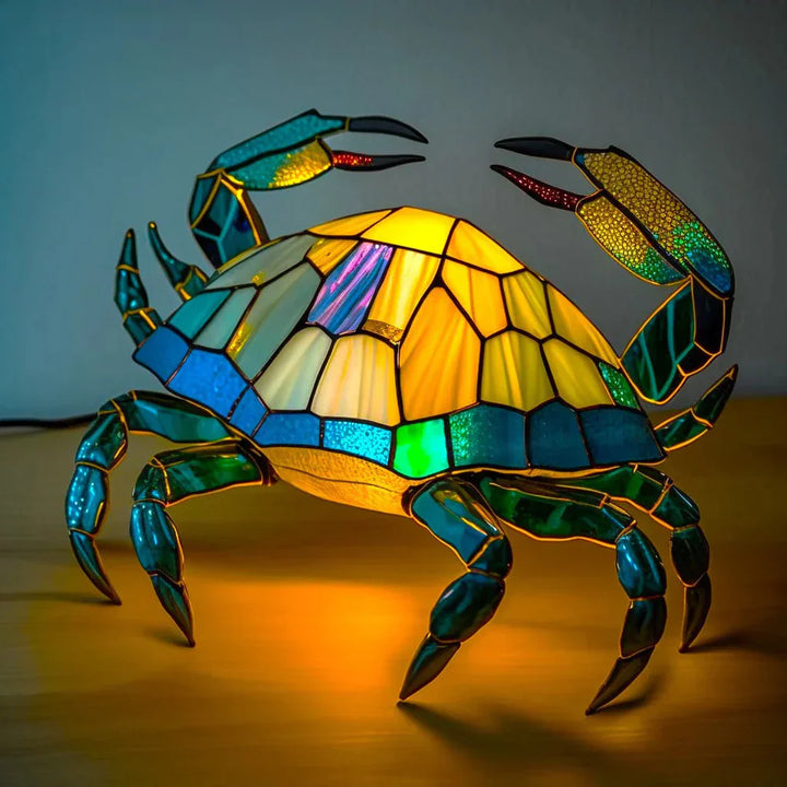 Bunte Tiffany-Krabbenlampe, Glas, Tischleuchte, Meeresdekor, handgefertigt, blau-gelb.