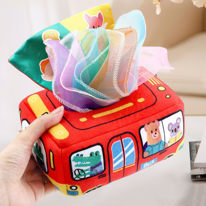 Bunte Taschentuchbox in Busform mit Tiermotiven, ideal für Kinderzimmer, aus Stoff.