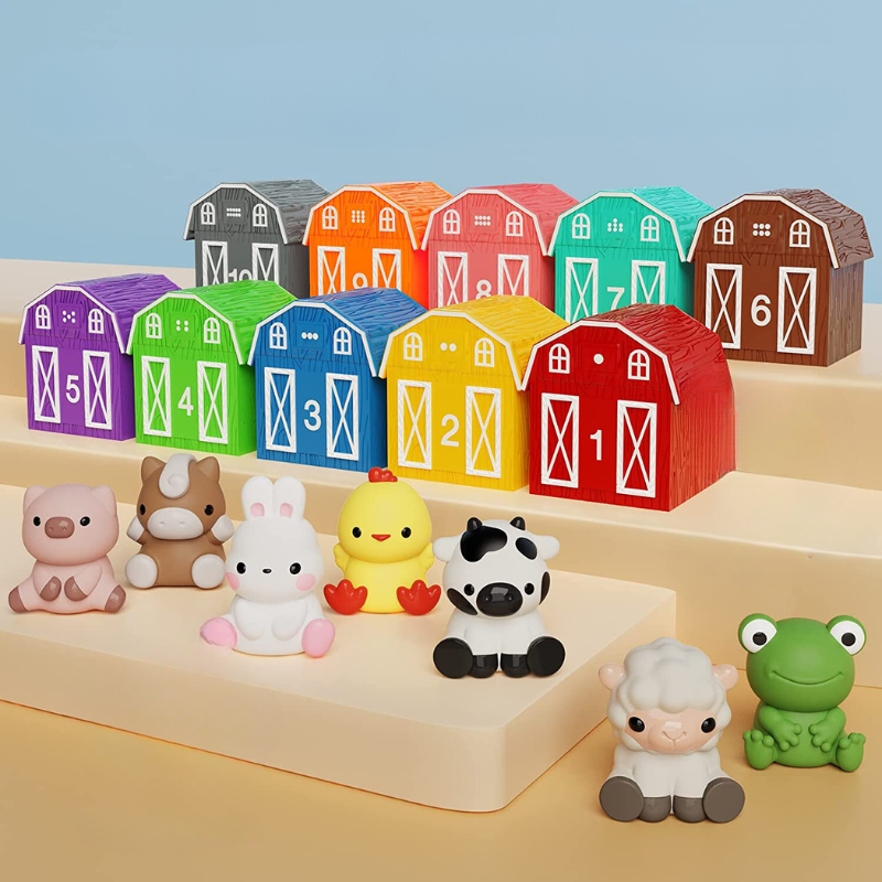 Bunte Bauernhof-Spielzeughäuser und Tiere, Lernspielzeug für Kinder, Zahlen und Farben.