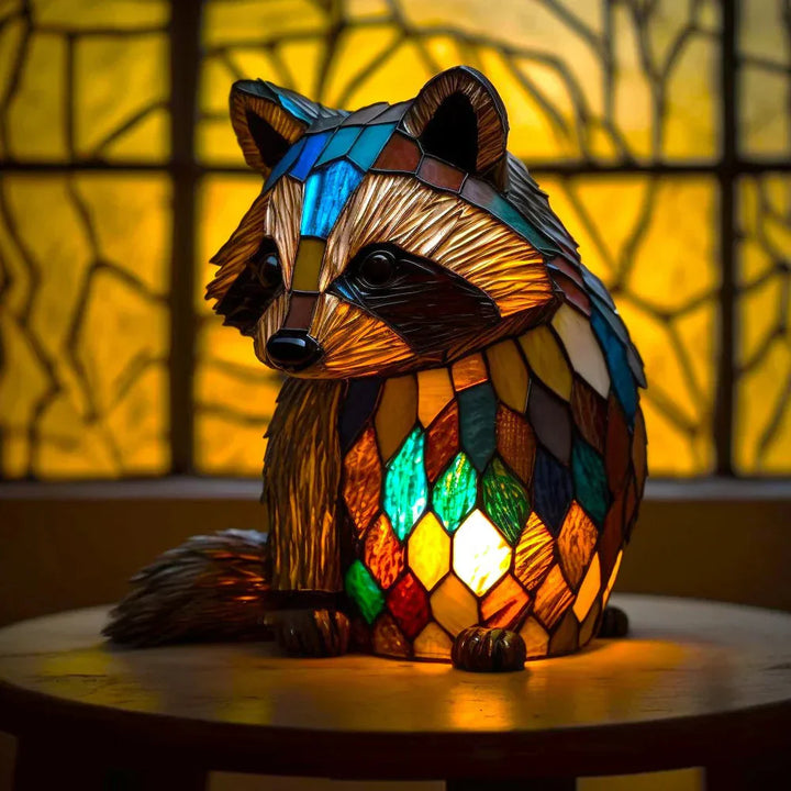Buntes Tiffany-Glas Waschbär-Lampe, leuchtend, dekorativ, Tiermotiv, Wohnzimmerbeleuchtung.