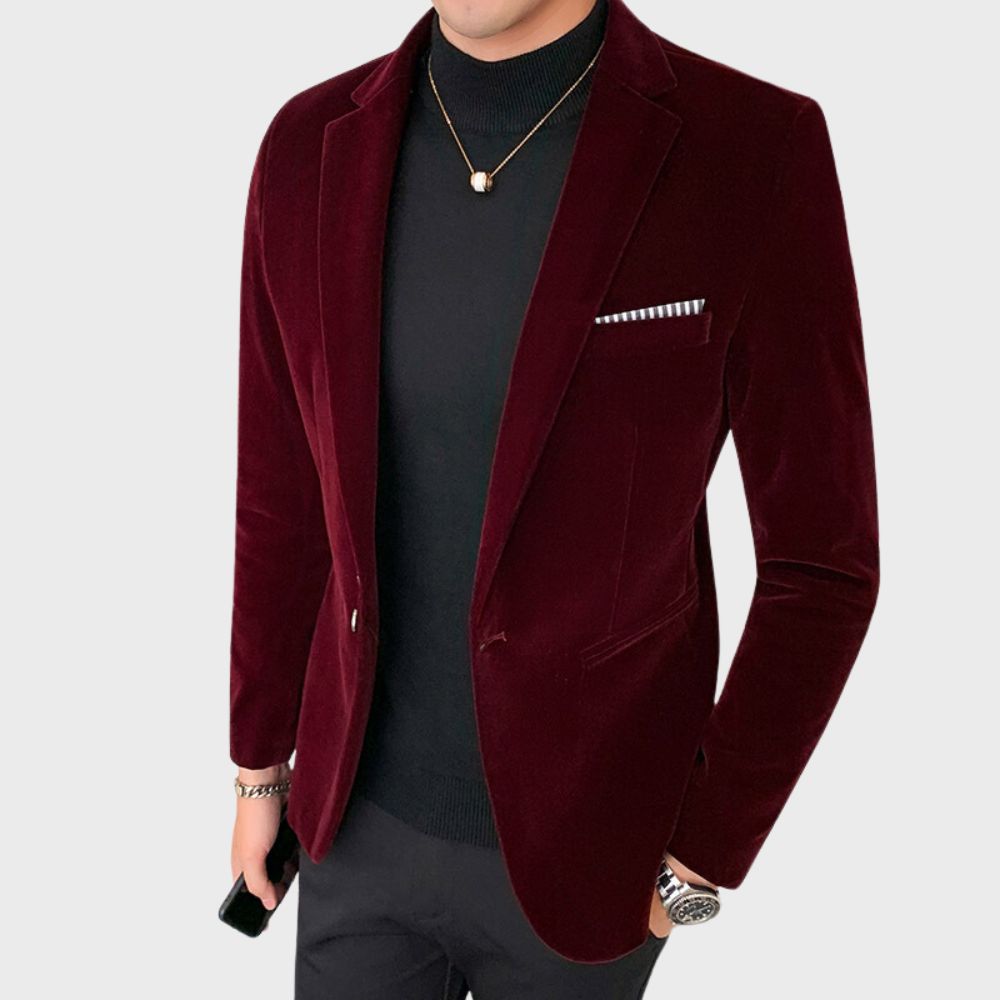 Burgunderrotes Samtsakko für Herren, elegantes Design, ideal für formelle Anlässe.
