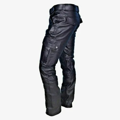 Schwarze Herren-Leder-Motorradhose mit Cargo-Taschen, PU-Material, ohne Gürtel.