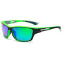 Grüne Sonnenbrille mit schwarzen Akzenten, verspiegelte Gläser, modisches Accessoire.