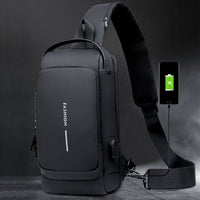 Schwarze Umhängetasche mit USB-Ladeanschluss, modisch, wasserabweisend, für Herren.