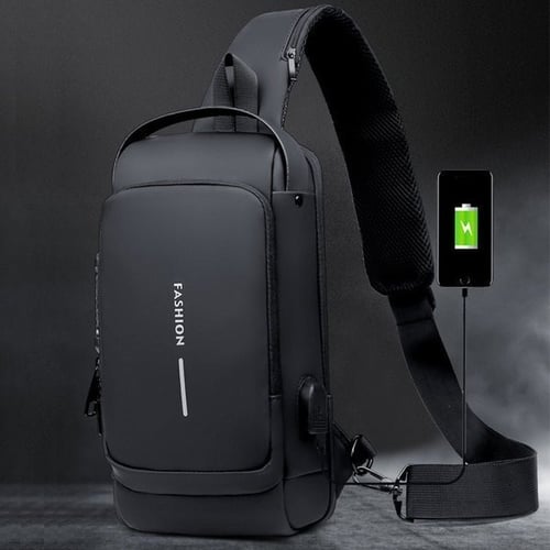 Schwarze Umhängetasche mit USB-Ladeanschluss, modisch, wasserabweisend, für Herren.