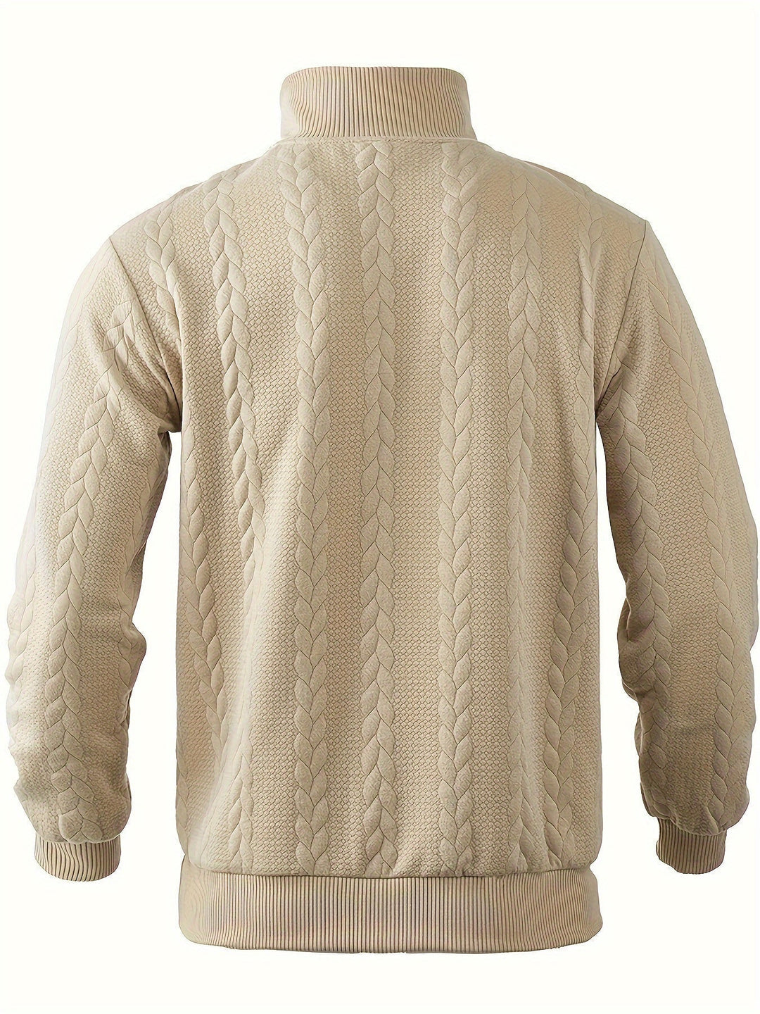 Beiger Strickpullover mit Zopfmuster, Herrenmode, warm, gemütlich, Winterkleidung, Rückansicht.