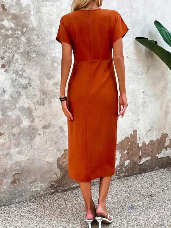 Stilvolles Orange V-Ausschnitt Midikleid - Ruby