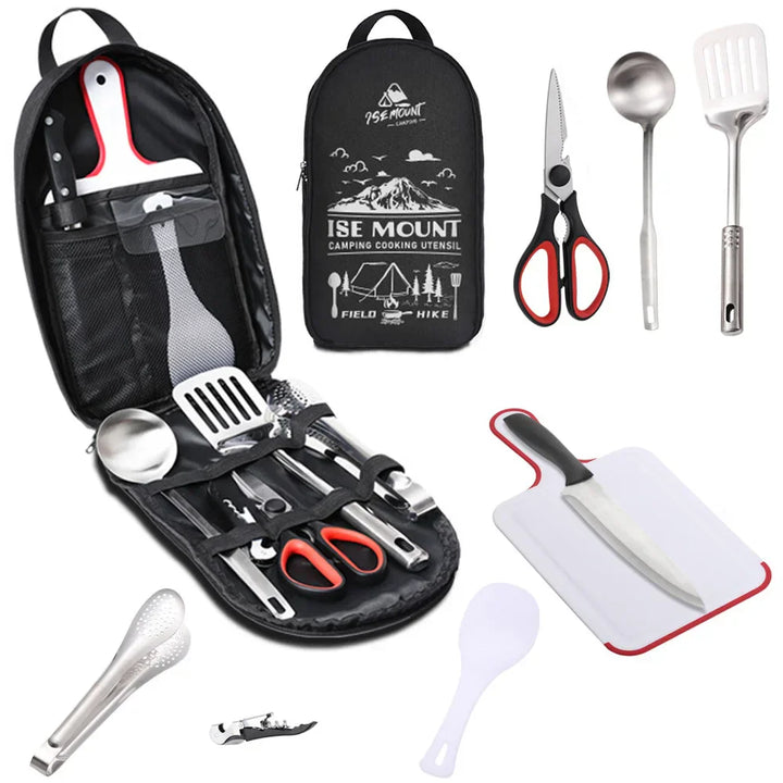 Camping-Kochgeschirr-Set mit Tasche, Edelstahl-Utensilien, Schneidebrett, Schere, Löffel.