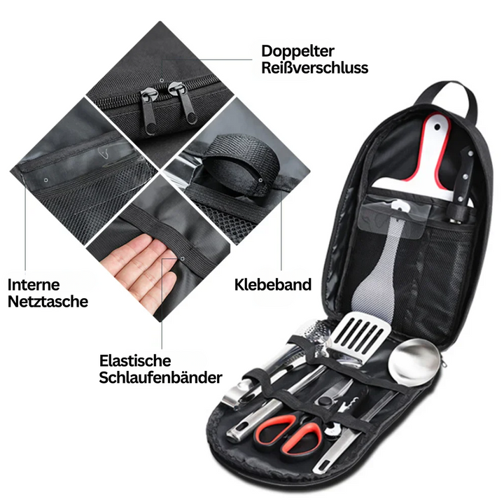 Schwarzes Camping-Küchenset mit Besteck, Schere, Spatel und doppeltem Reißverschluss.