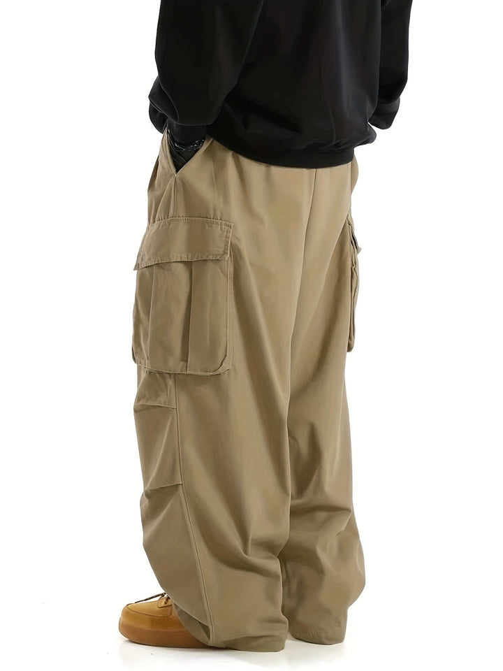 Beige Cargohose Herren, weites Bein, Taschen, lässiger Stil, Streetwear, Baumwolle