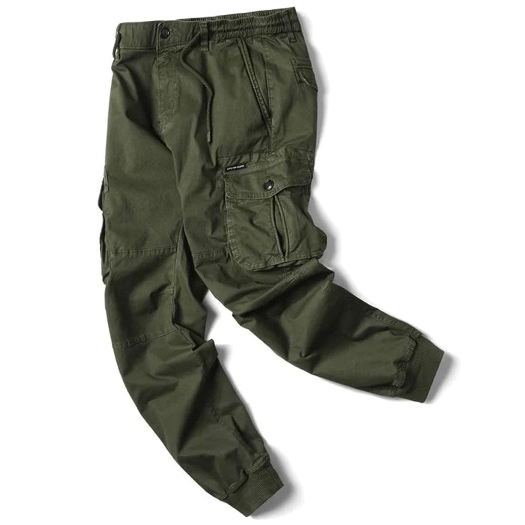 Olivgrüne Herren-Cargohose, Baumwolle, elastischer Bund, Seitentaschen, Freizeitmode.