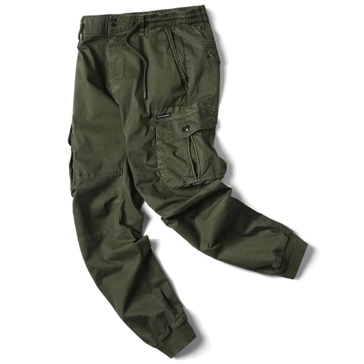 Olivgrüne Herren-Cargohose, Baumwolle, elastischer Bund, Seitentaschen, Freizeitmode.