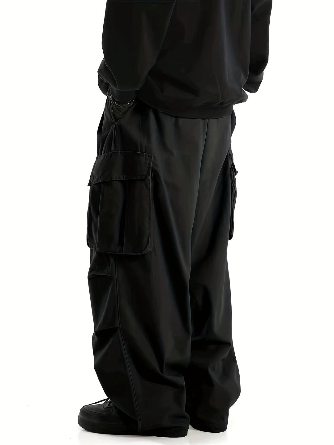 Schwarze Cargo-Hose Herren, weites Bein, Taschen, Streetwear, modisch, lässig, Baumwolle.