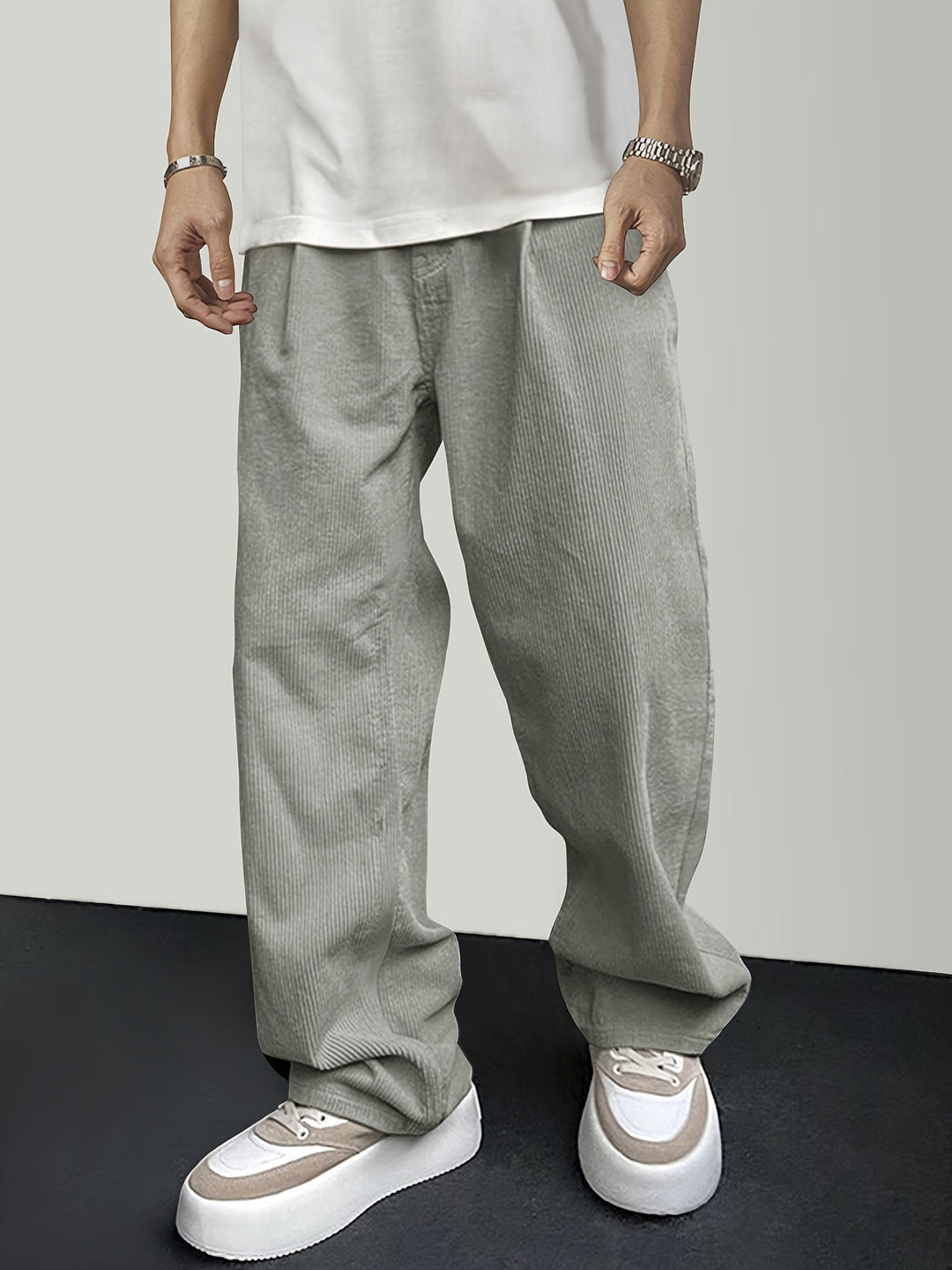 Herren Cordhose, beige, Kordelzug, lässig, Polyester, modisch, bequem, Streetwear.