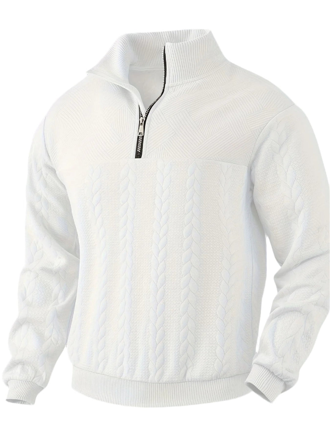 Weißer Strickpullover mit Reißverschluss, Zopfmuster, Herrenmode, Winterkleidung, Baumwolle