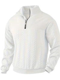Weißer Strickpullover mit Reißverschluss, Zopfmuster, Herrenmode, Winterkleidung, Baumwolle.