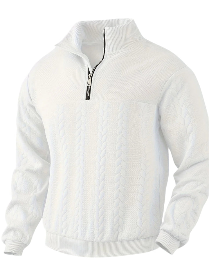 Weißer Strickpullover mit Reißverschluss, Zopfmuster, Herrenmode, Winterkleidung, Baumwolle.