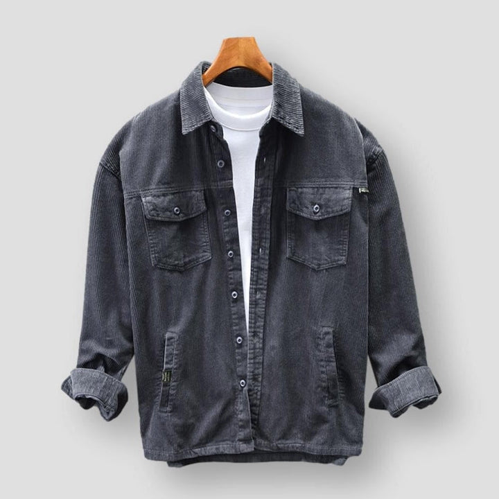 Graues Cordhemd für Herren, Herbst Winter, reine Baumwolle, Freizeitjacke mit Taschen.