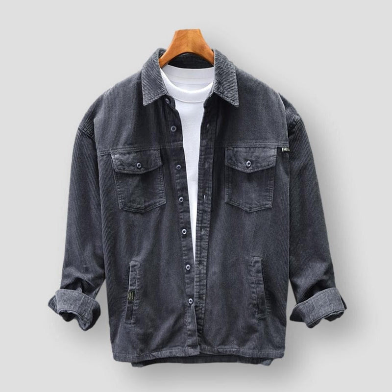Graues Cordhemd für Herren, Herbst Winter, reine Baumwolle, Freizeitjacke mit Taschen.