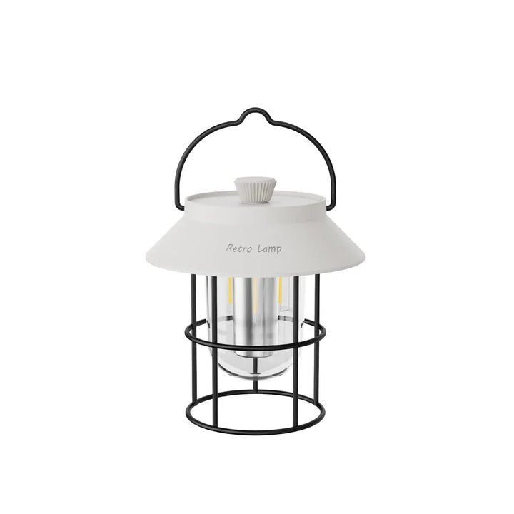 Weiße Retro-Laterne mit schwarzem Metallrahmen, LED-Licht, tragbar, Vintage-Design.