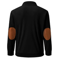 Schwarze Cordjacke mit braunen Ellbogen-Patches, Herrenmode, stilvoll, lässig.