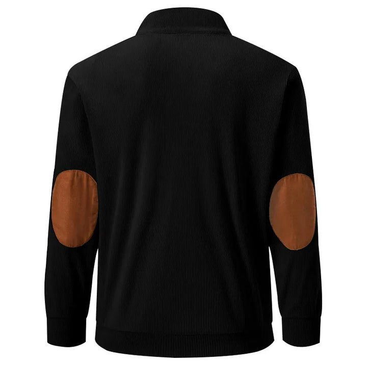 Schwarze Cordjacke mit braunen Ellbogen-Patches, Herrenmode, stilvoll, lässig.