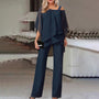 Elegantes Damen-Outfit, dunkelblau, zweiteilig, Chiffon-Oberteil, weite Hose, Abendmode.