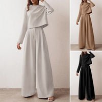 Damen-Zweiteiler Set, langärmelig, weite Hose, beige, grau, schwarz, elegantes Design.