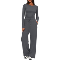 Damen-Loungewear-Set, grau, langärmelig, bequem, Freizeitanzug, weiches Material.