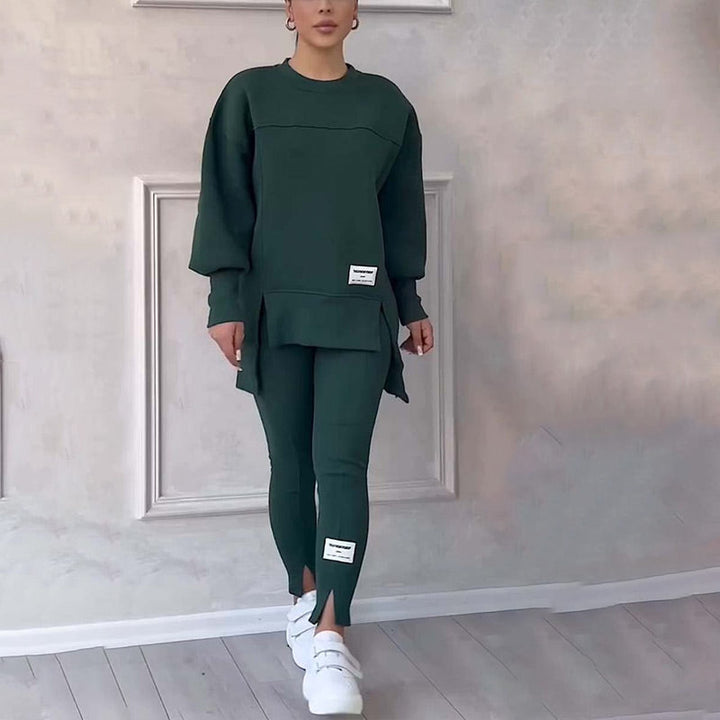 Damen-Sportanzug grün, langärmelig, mit Leggings, bequem, modisch, Freizeitkleidung.