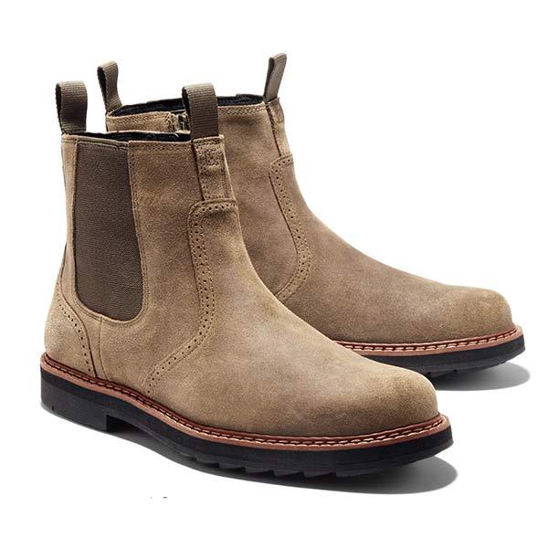 Beige Chelsea Boots aus Wildleder mit schwarzer Sohle, Herrenmode, stilvoll und robust.