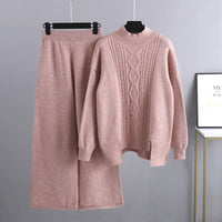 Rosa Strickset Damen, Pullover und Hose, gemütlich, modisch, Herbst-Winter-Outfit.