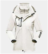 Damen-Skijacke weiß, wasserdicht, mit Kapuze, Reißverschlusstaschen, Winterbekleidung.