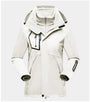 Damen-Skijacke weiß, wasserdicht, mit Kapuze, Reißverschlusstaschen, Winterbekleidung.