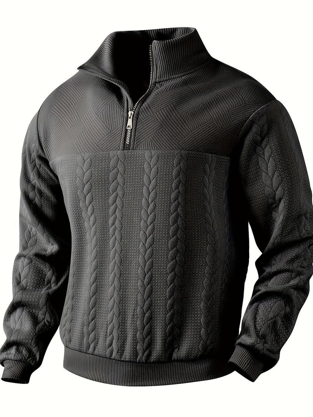 Schwarzer Herrenpullover mit Reißverschluss, Zopfmuster, Strickdesign, warm, modisch.
