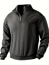 Schwarzer Herrenpullover mit Reißverschluss, Zopfmuster, Strickdesign, warm, modisch.