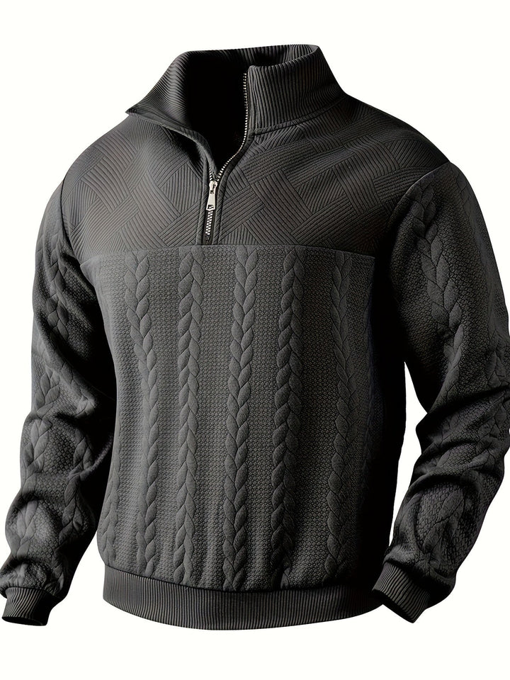 Schwarzer Herrenpullover mit Reißverschluss, Zopfmuster, Strickdesign, warm, modisch.