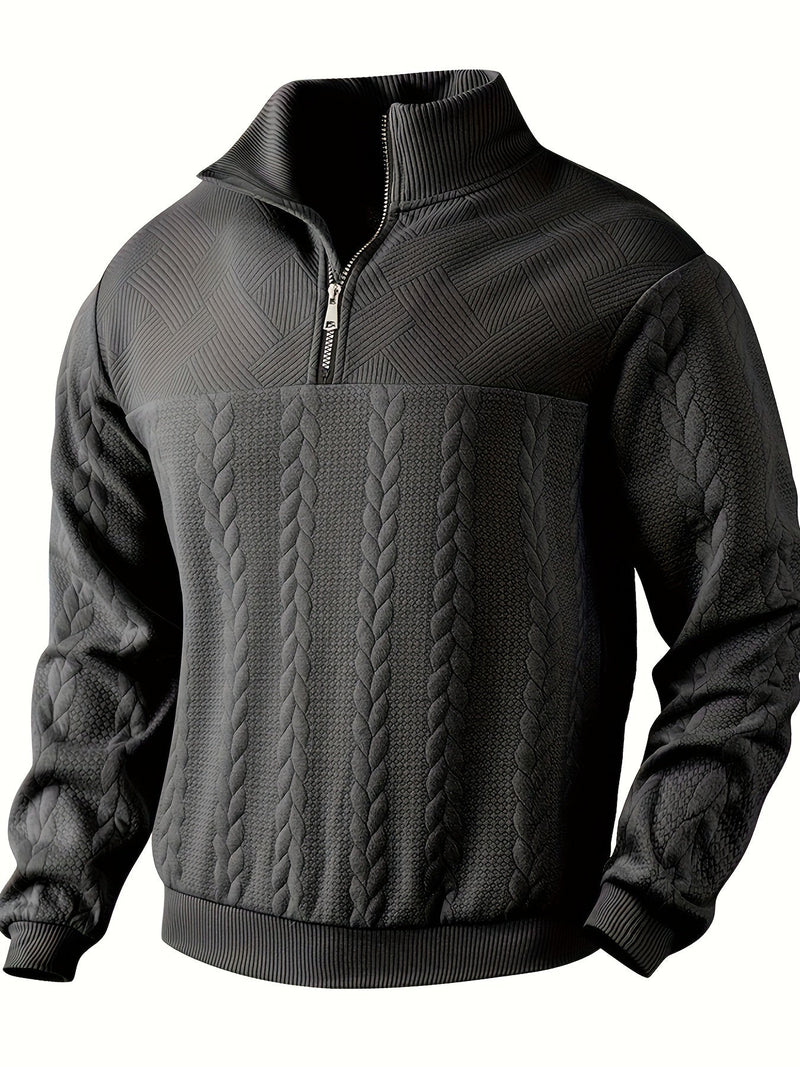 Schwarzer Herrenpullover mit Reißverschluss, Zopfmuster, Strickdesign, warm, modisch.