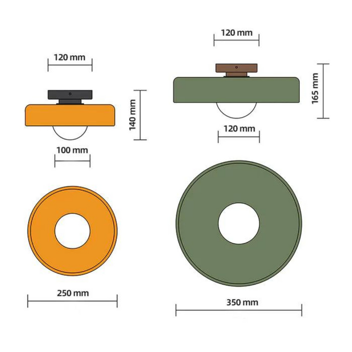 Diagramm von zwei Deckenleuchten, grün und orange, mit Maßen in Millimetern.