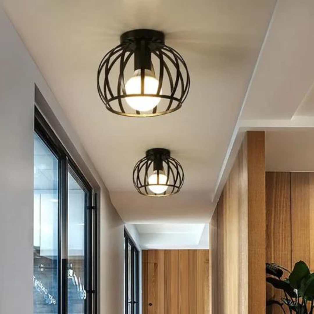 Moderne schwarze Deckenleuchte im Flur, Metallkäfig-Design, LED, Innenbeleuchtung.