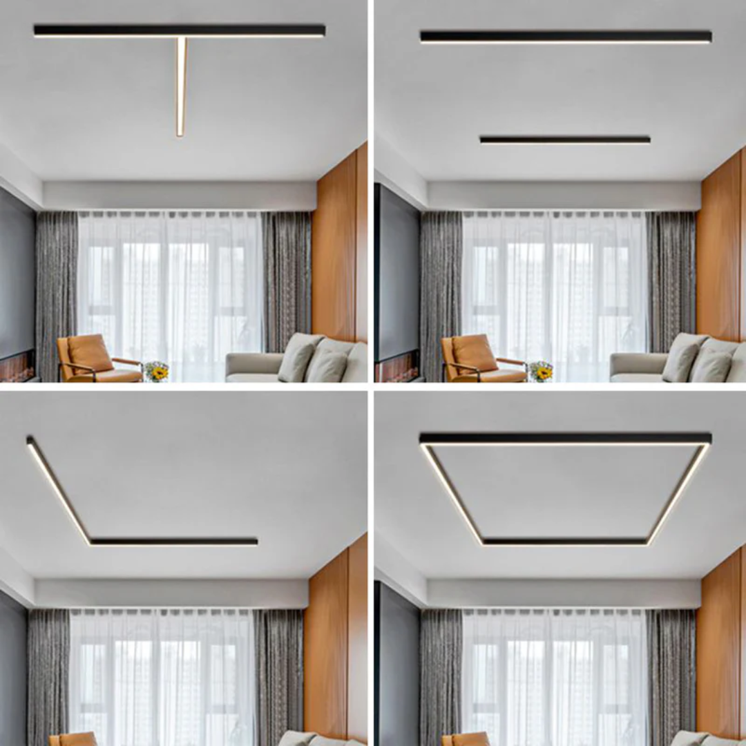 Moderne LED-Deckenleuchte, schwarz, minimalistisch, Wohnzimmer, energieeffizient, stilvoll.